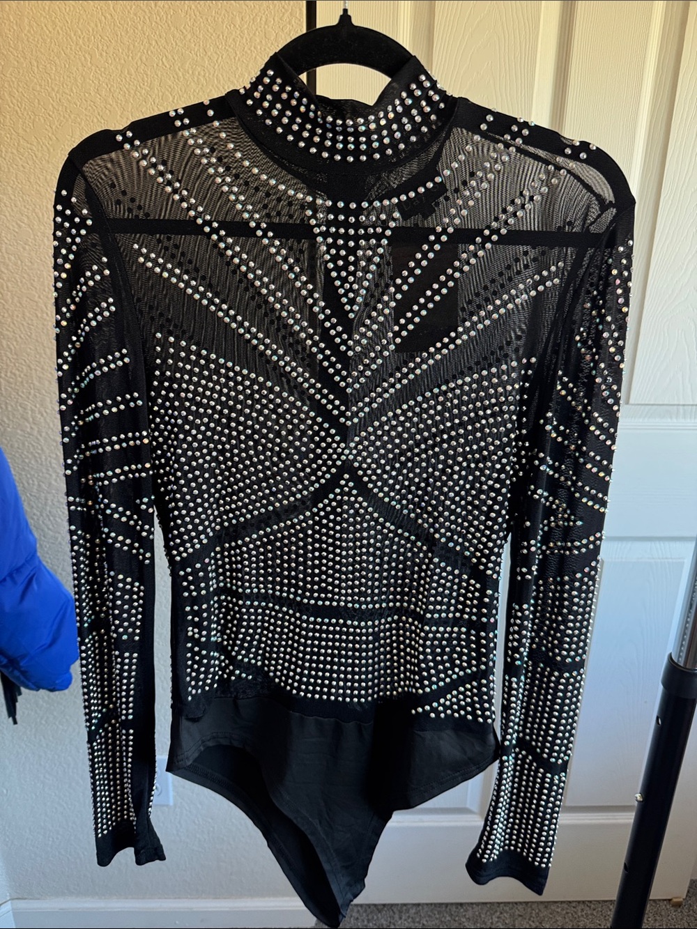 Black Rhinestone-Studded Mesh Bodysuit with High Neck